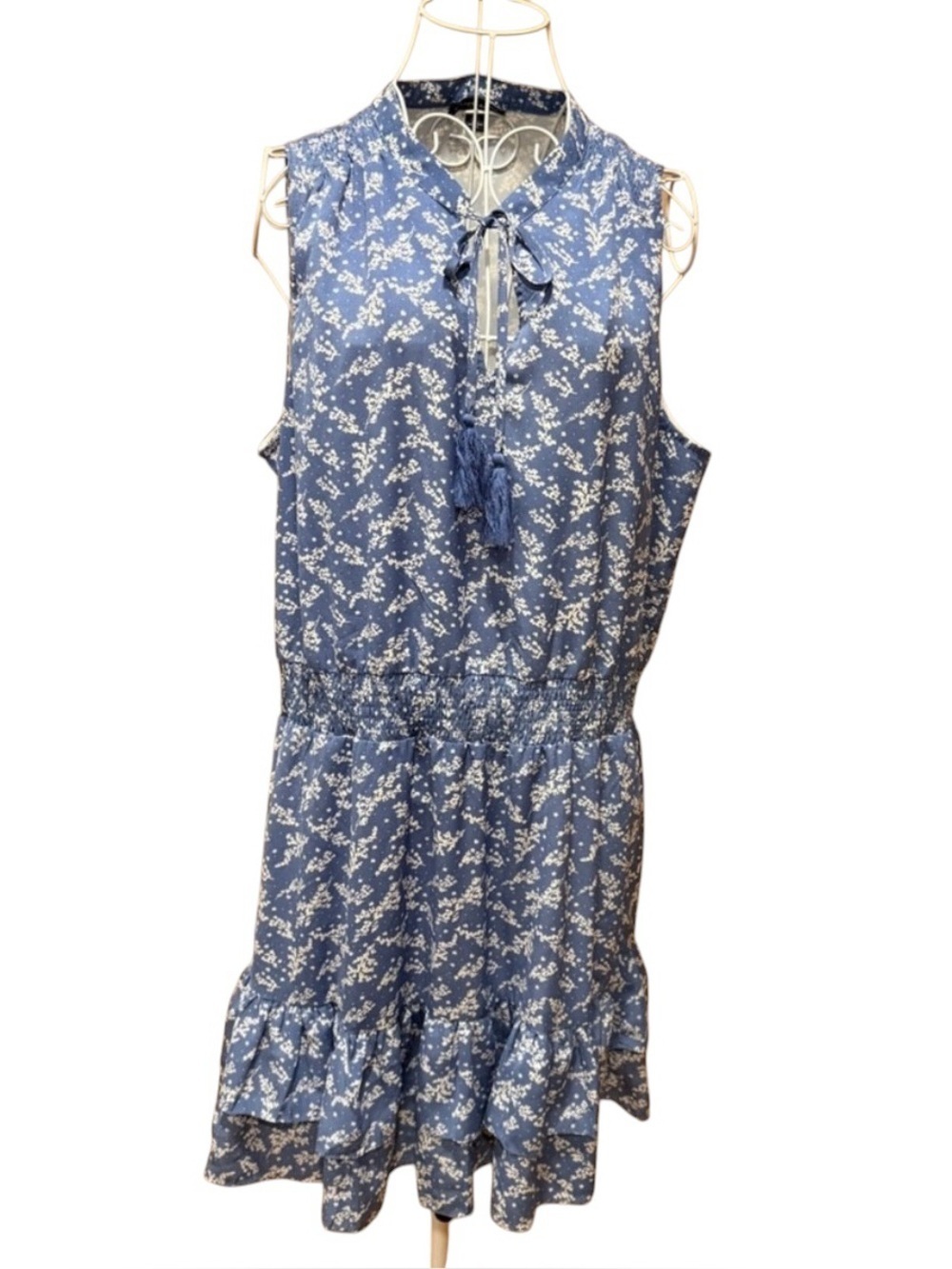 Blue Floral Mini Dress Smocked Waist Tassel Tie Neck Ruffle Hem XL